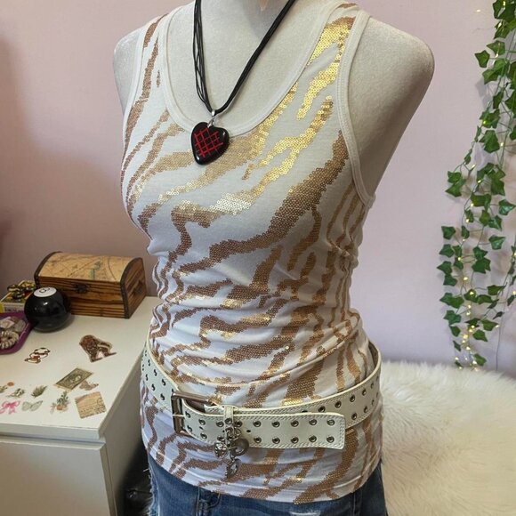 Y2K White and Gold Sequin Top - Picture 2 of 8